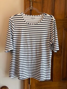 Lands' End Navy & White Striped Short Sleeve Swim Top